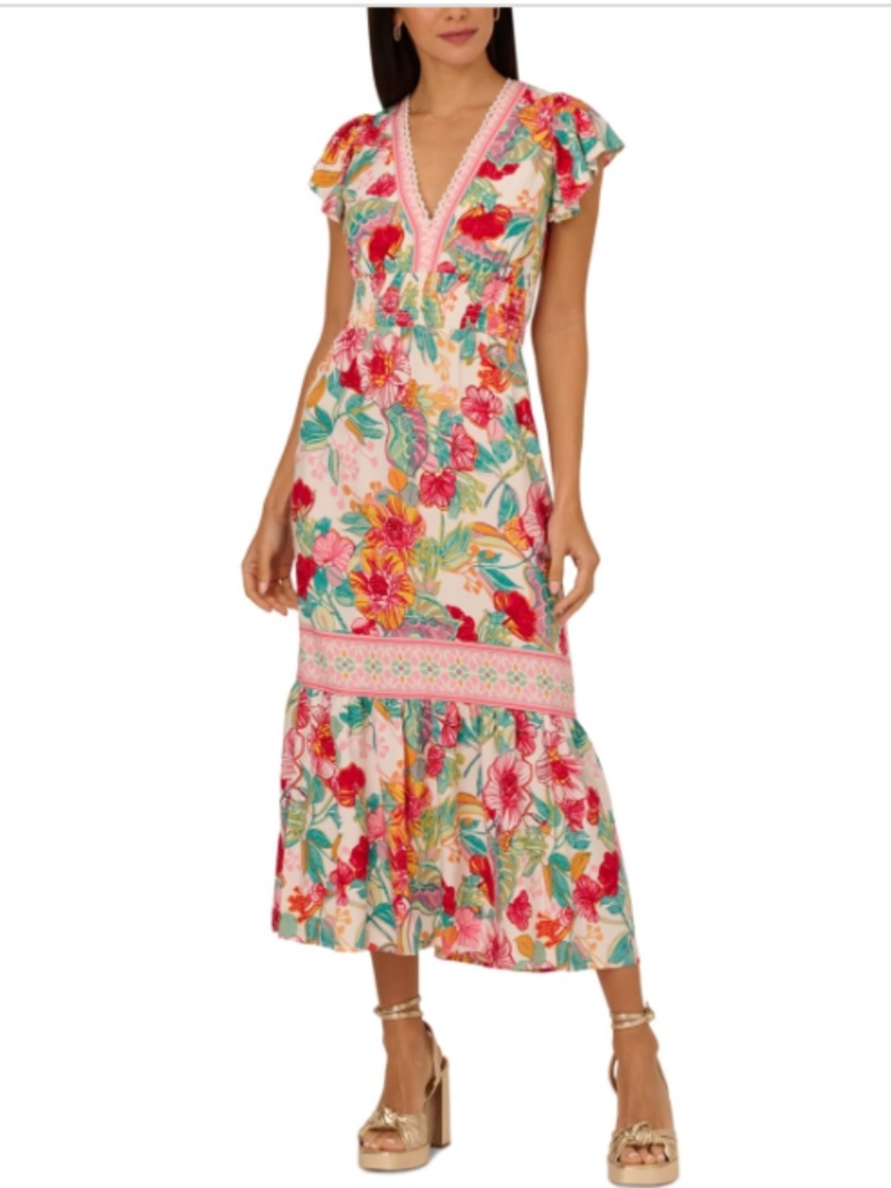 Adrianna Papell Floral V Neckline Flutter Cap Short Sleeves Maxi Dress Size 10